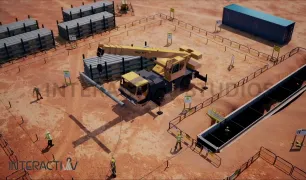 3D industrial site safety animation showing workers and heavy equipment